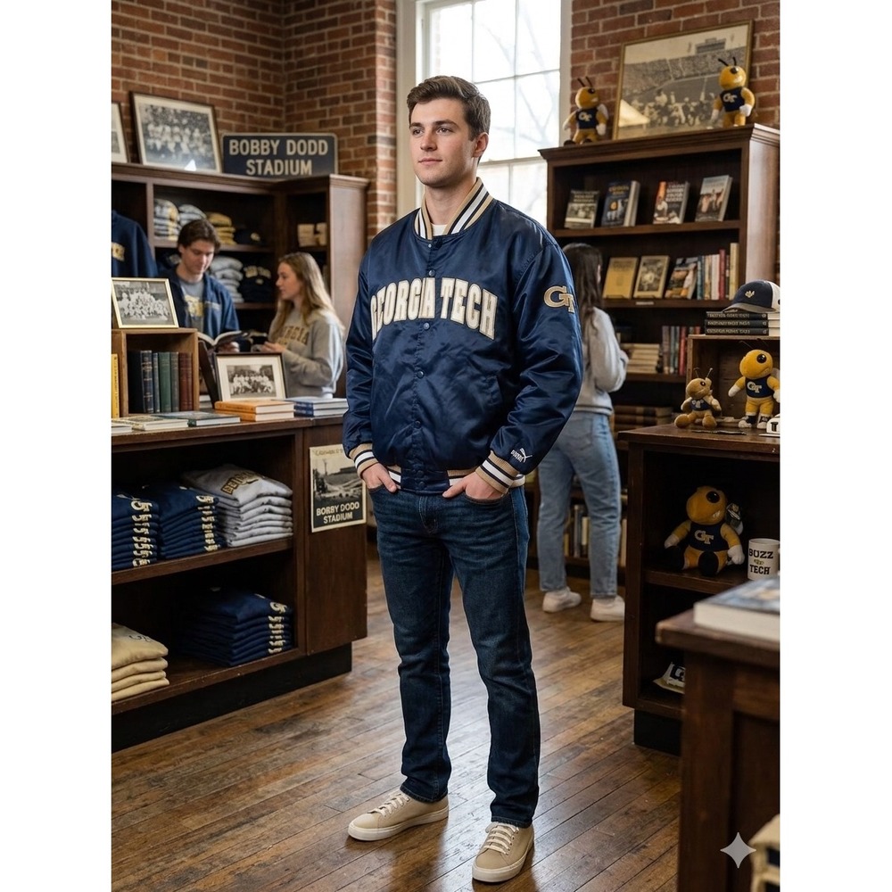 VTG Puma Georgia Tech Yellow Jackets Navy Blue Satin Varsity Bomber Jacket Mens